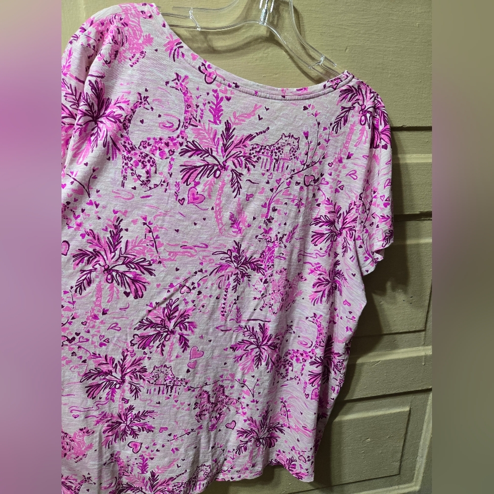 Lilly Pulitzer Wild About You Etta V-Neck Short Sleeve Pink Purple White Top - Picture 4 of 10